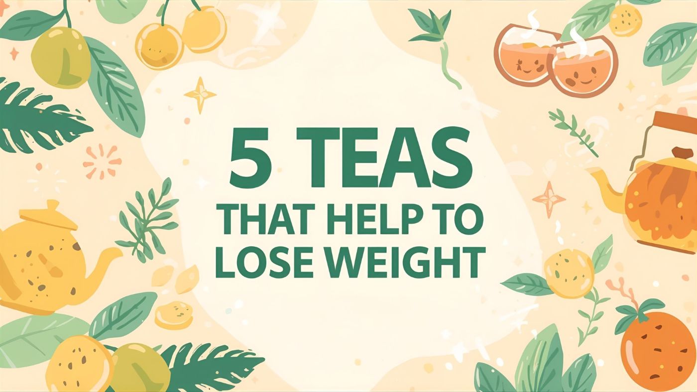 Bright and playful infographic titled ‘5 Teas That Help to Lose Weight’ featuring bold green text on a yellow background. Illustrated icons of a blue teacup, orange teapot, and green mugs with steam are surrounded by doodles of leaves, sparkles, and stars